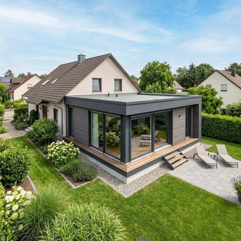 Anbau-Modul Anbau Cube 45 des Herstellers McCube mit Flachdach — Fertighaus-Wohnmodul mit 45 m²
