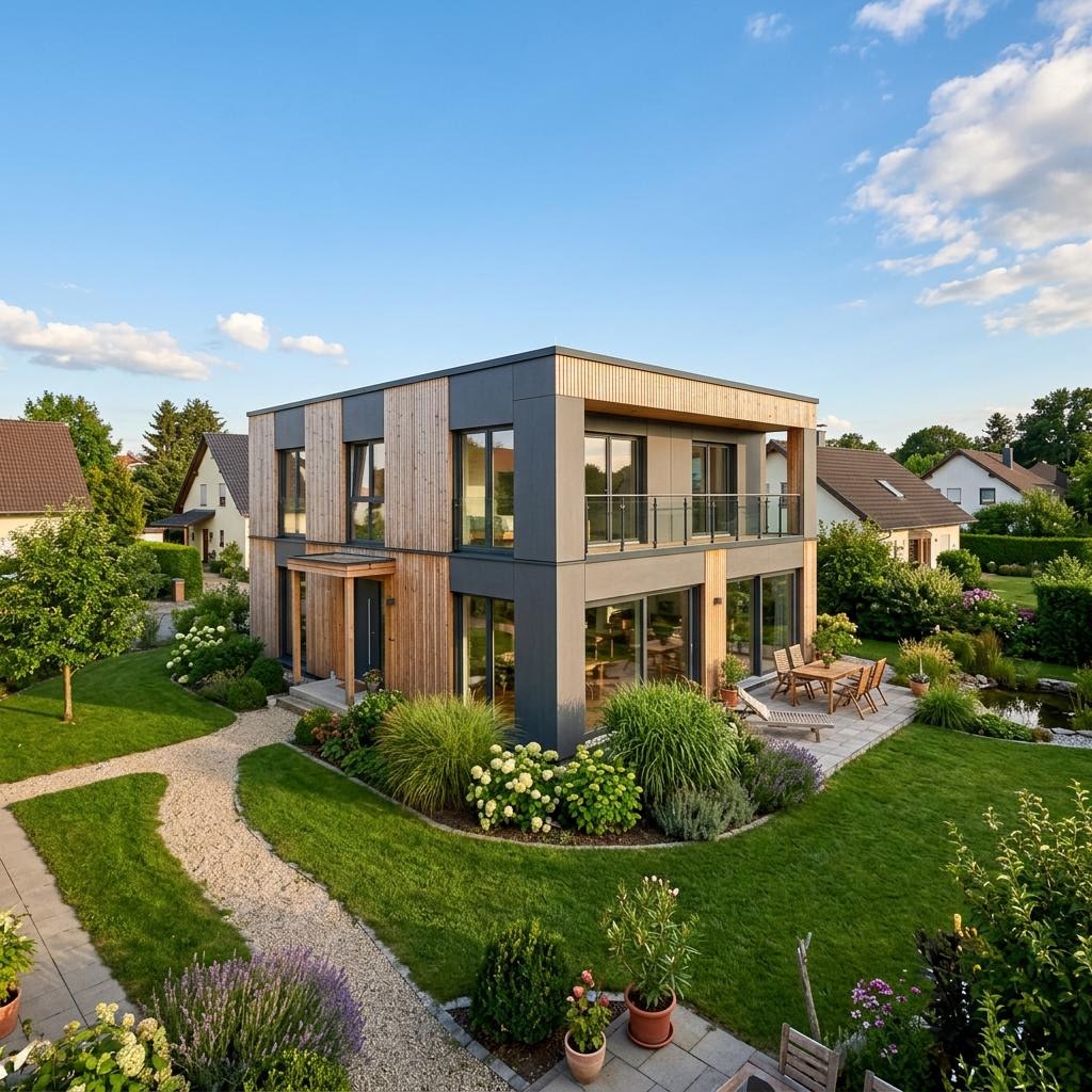 Zweigeschossiges Modulhaus Cube Plus 108 des Herstellers mccube im Würfeldesign mit Flachdach