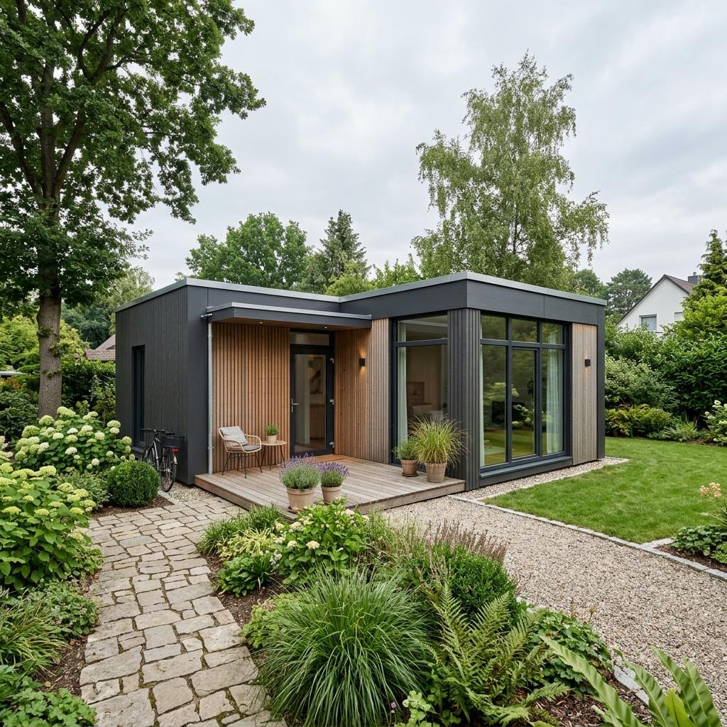 Modulhaus Solo Modul 45 des Herstellers McCube — platzsparendes Holzriegel-Modulhaus mit Flachdach und 45 m²