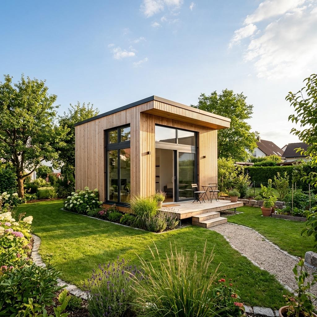 Minimalistisches Tiny House Solo 28 des Herstellers mccube im Würfelformat mit Flachdach