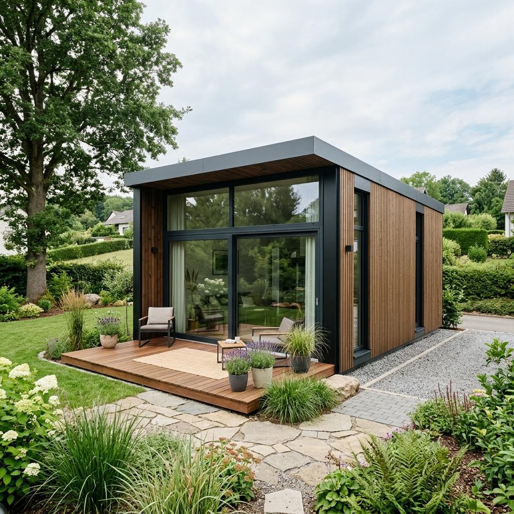 Tiny House Tiny Mobil 26 des Herstellers McCube — mitnehmbares Holzriegel-Minihaus mit Flachdach und 26 m²