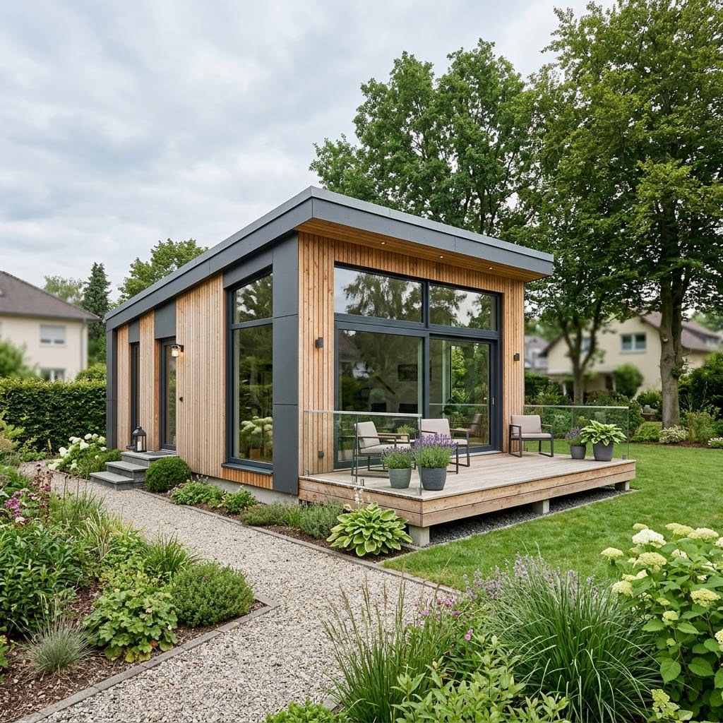 Tiny House Tiny Panorama 32 des Herstellers McCube — Holzriegel-Minihaus mit Pultdach, Eckverglasung und 32 m²