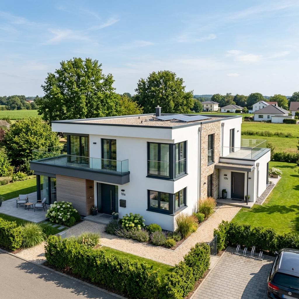 Mehrgenerationenhaus Vivaro des Herstellers Kern-Haus im Bauhaus-Stil mit Flachdach und Einliegerwohnung, rund 237 m²
