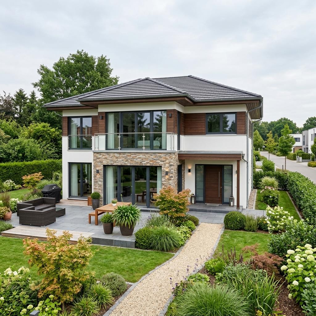 Luxusvilla Villa Nobile 202 des Herstellers Meisterstück-HAUS mit Walmdach und Säulenportal