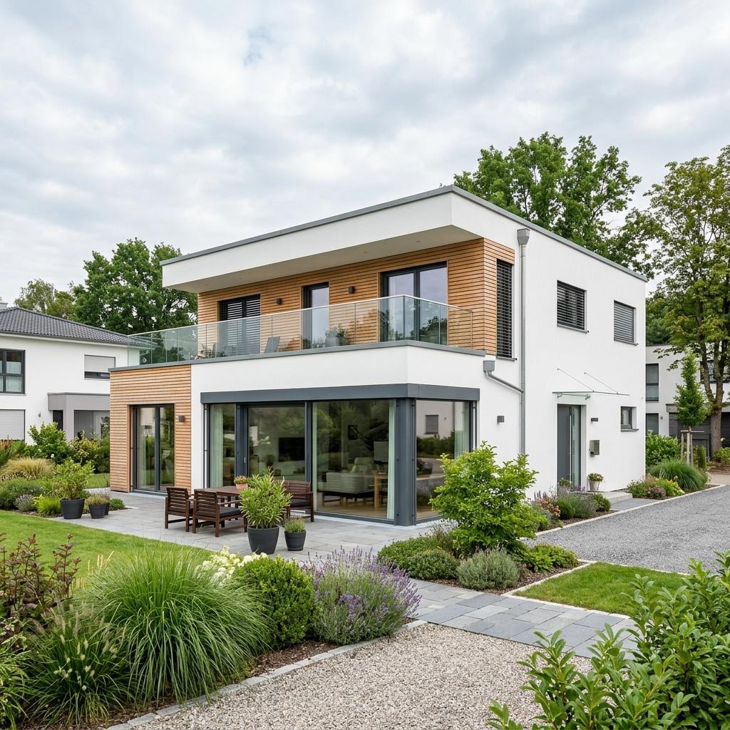 Luxusvilla Villa Onda 215 des Herstellers Meisterstück-HAUS mit Flachdach und Dachterrasse