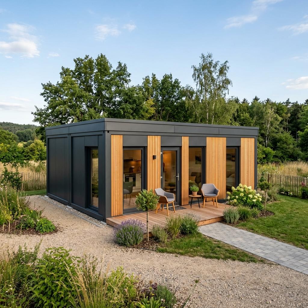 Containerhaus Wohncontainer W5 des Herstellers Conliving mit Flachdach — Modulbau mit drei Zimmern auf 36 m²