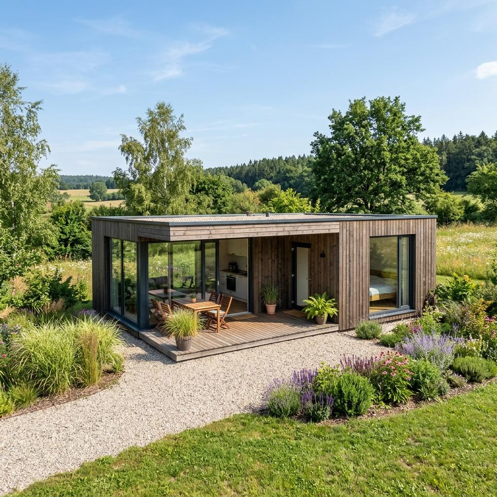 Tiny House Modulhaus TR 02 des Herstellers Dwellii House mit Flachdach — Modulhaus mit rund 48 m²