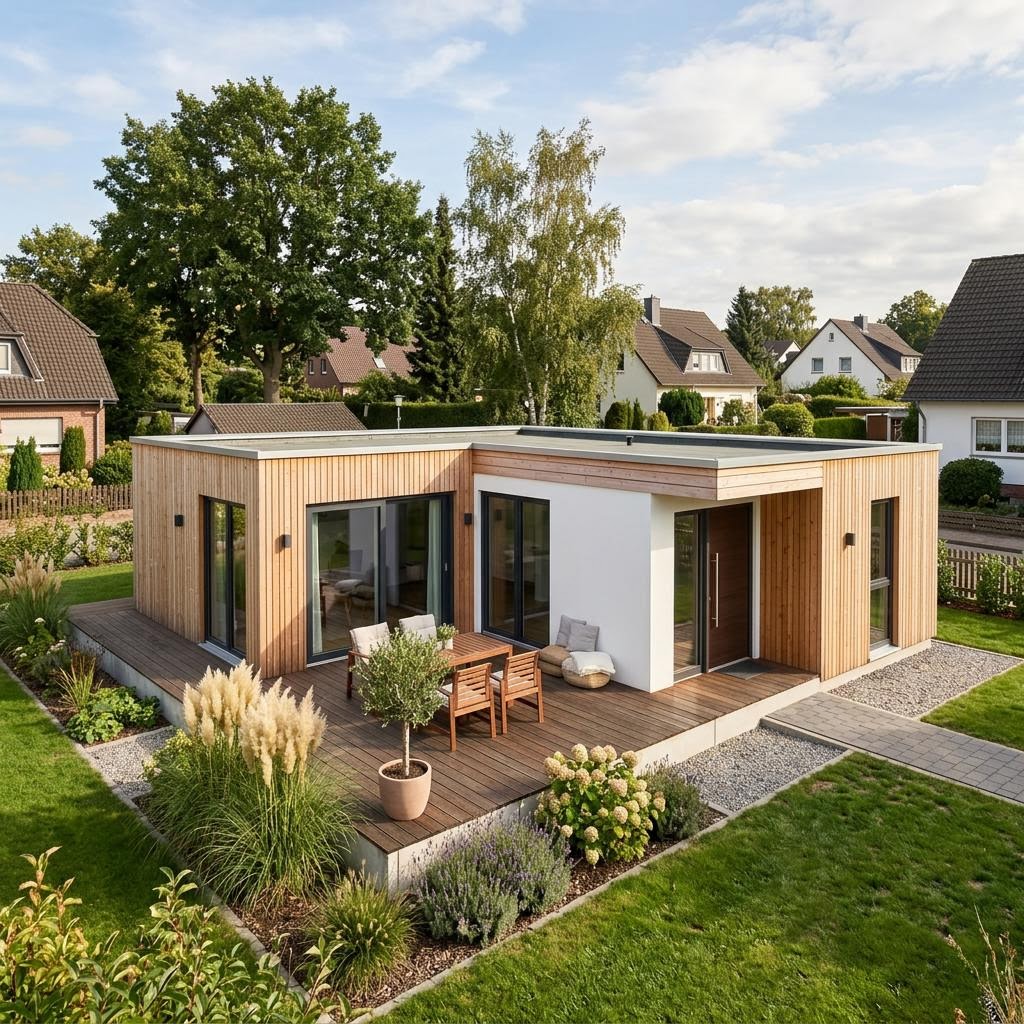 Modulhaus F 10-049.9.1 FlyingSpace des Herstellers SchwörerHaus — Winkelbungalow aus zwei Wohnmodulen mit 49 m²