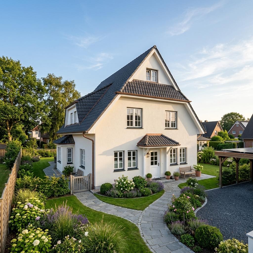 Friesenhaus Boddenkate des Herstellers Nordic Haus mit weißer Putzfassade und Sprossenfenstern