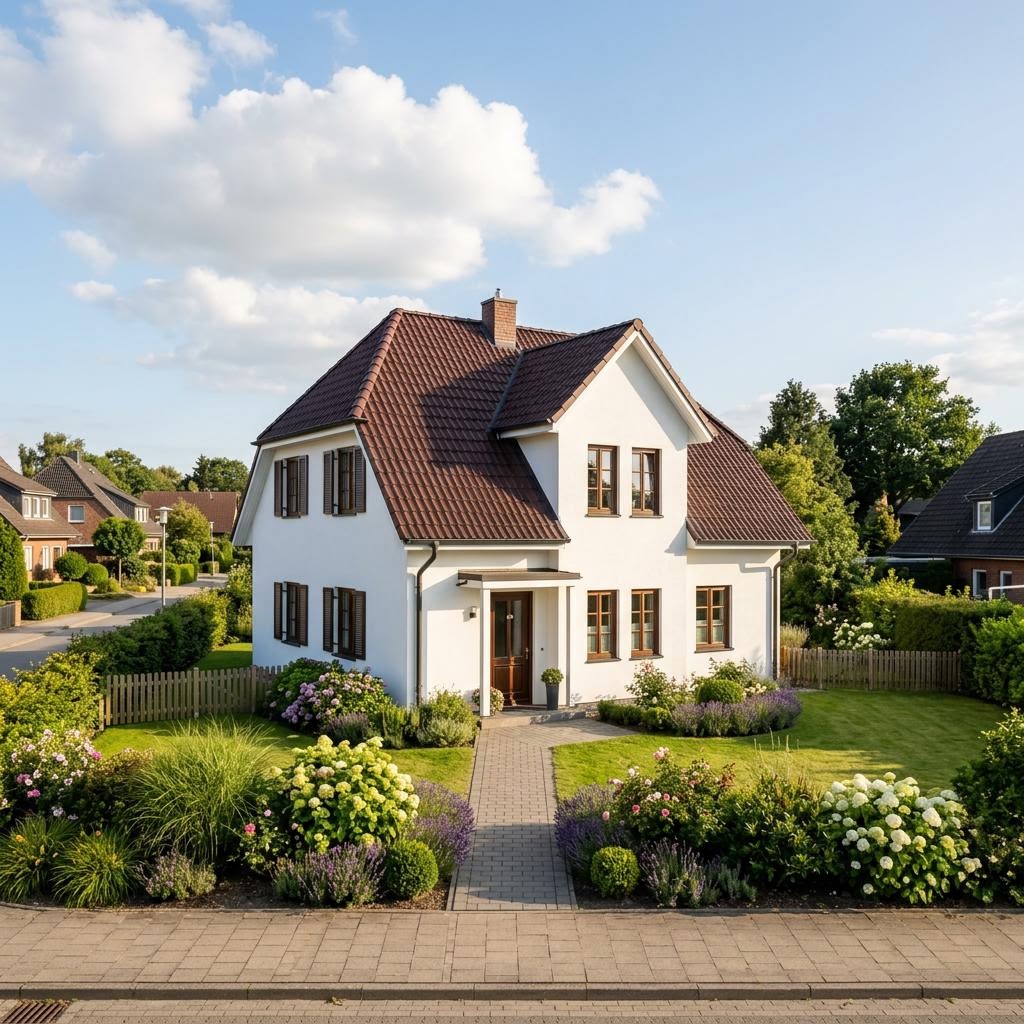 Friesenhaus Friesenland des Herstellers Nordic Haus mit weißer Putzfassade und Sprossenfenstern