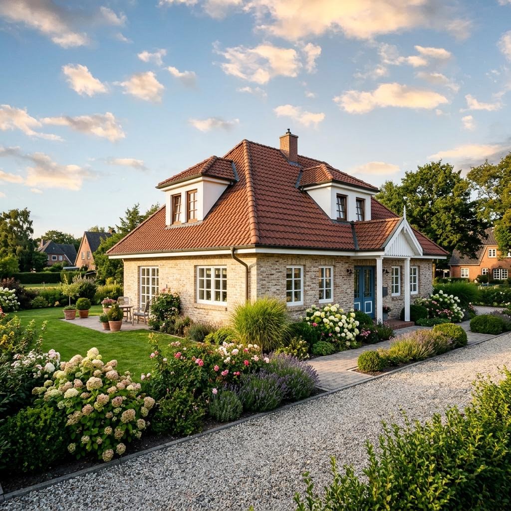 Friesenhaus Halligruh des Herstellers Nordic Haus mit hellem Klinker und Sprossenfenstern
