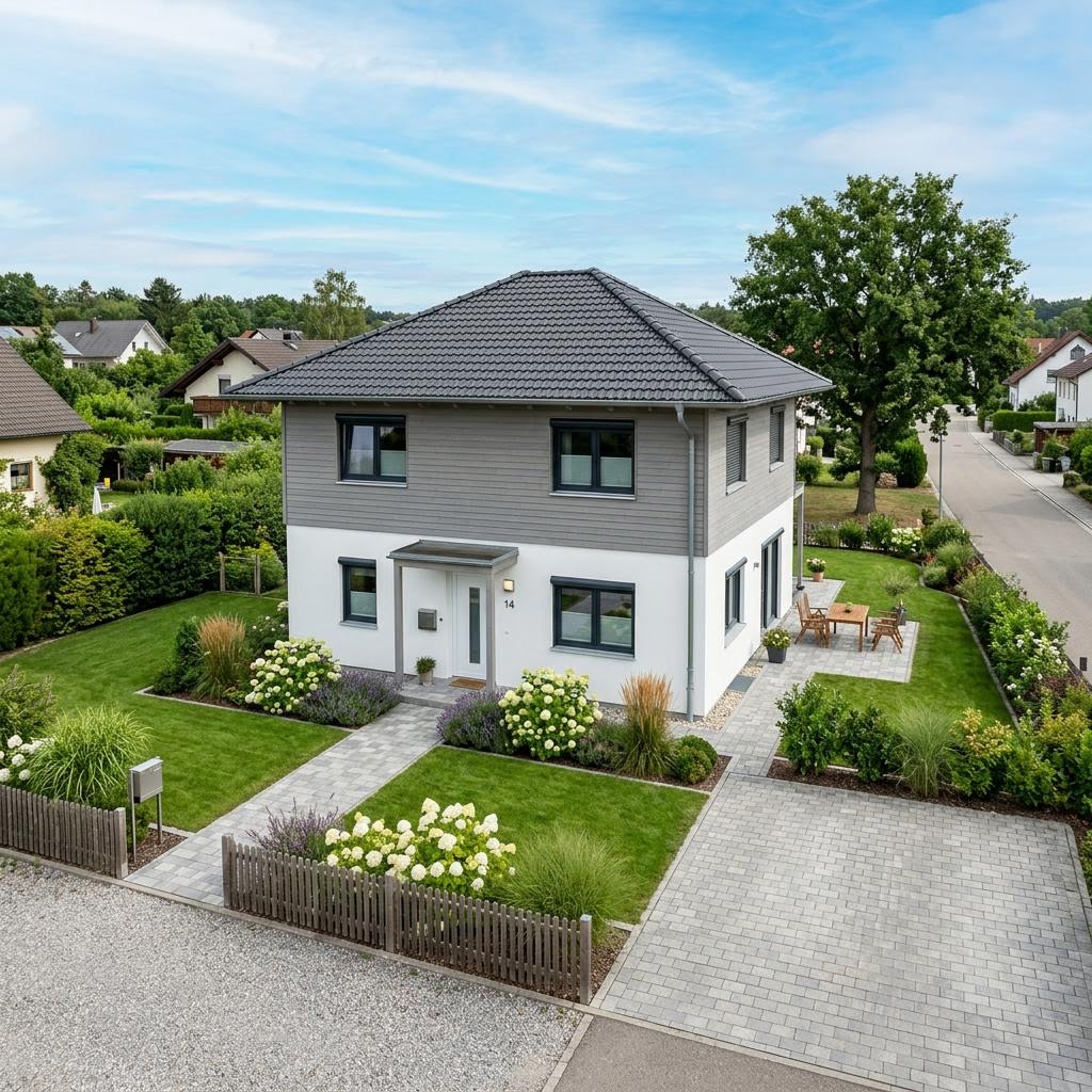 Kapitänshaus Cuxhaven 112 des Herstellers Nordic Haus mit Krüppelwalmdach und weißer Putzfassade — 112 m²