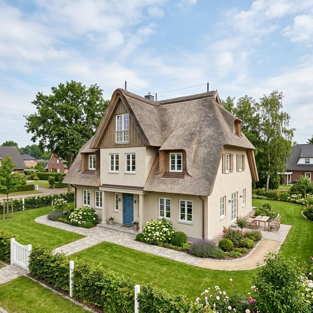Kapitänshaus Norderney 148 des Herstellers Nordic Haus mit Krüppelwalmdach in Reet-Optik — 148 m²