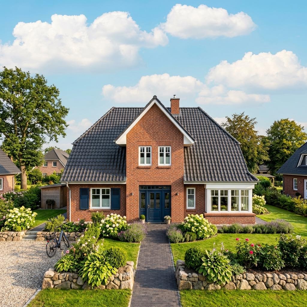 Friesenhaus Marschhof des Herstellers Nordic Haus mit rotem Klinker und Krüppelwalmdach