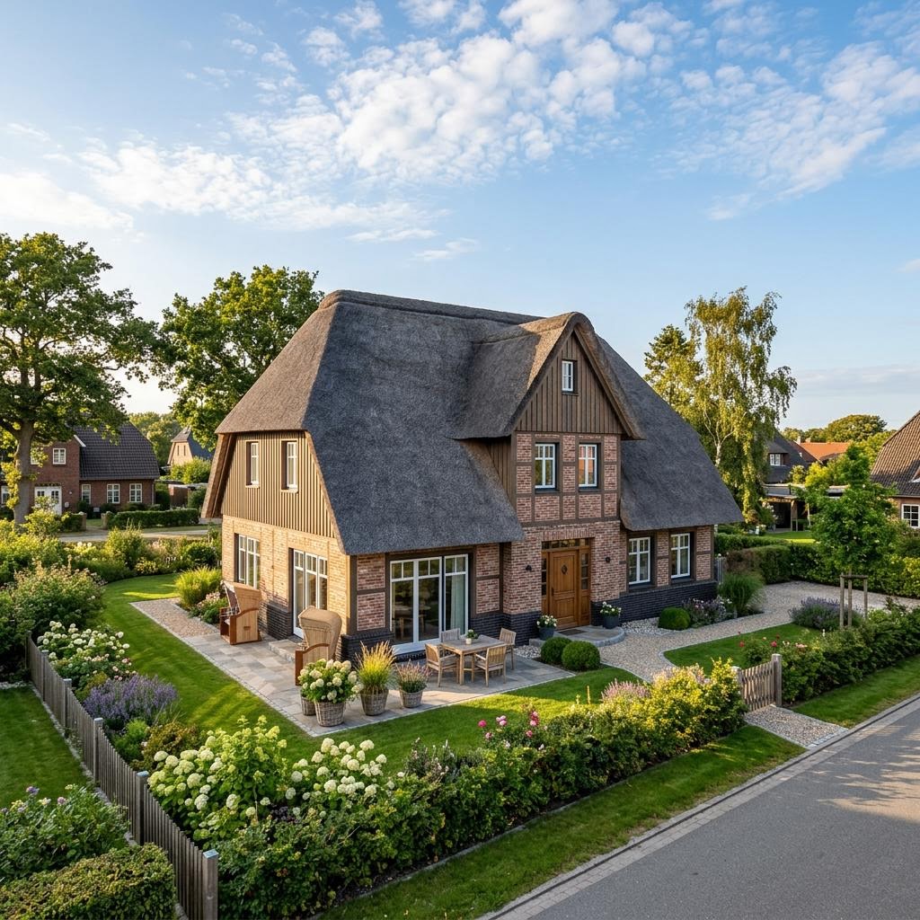 Friesenhaus Nordseewind des Herstellers Nordic Haus mit Reetdach-Optik und Backstein