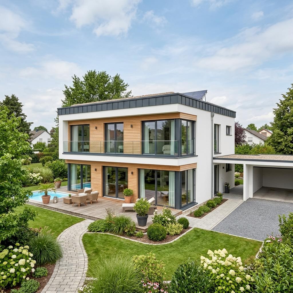 Kubushaus Cubus 162 des Herstellers OKAL Haus mit Flachdach — kubisches Fertighaus im Bauhausstil mit 162 m²