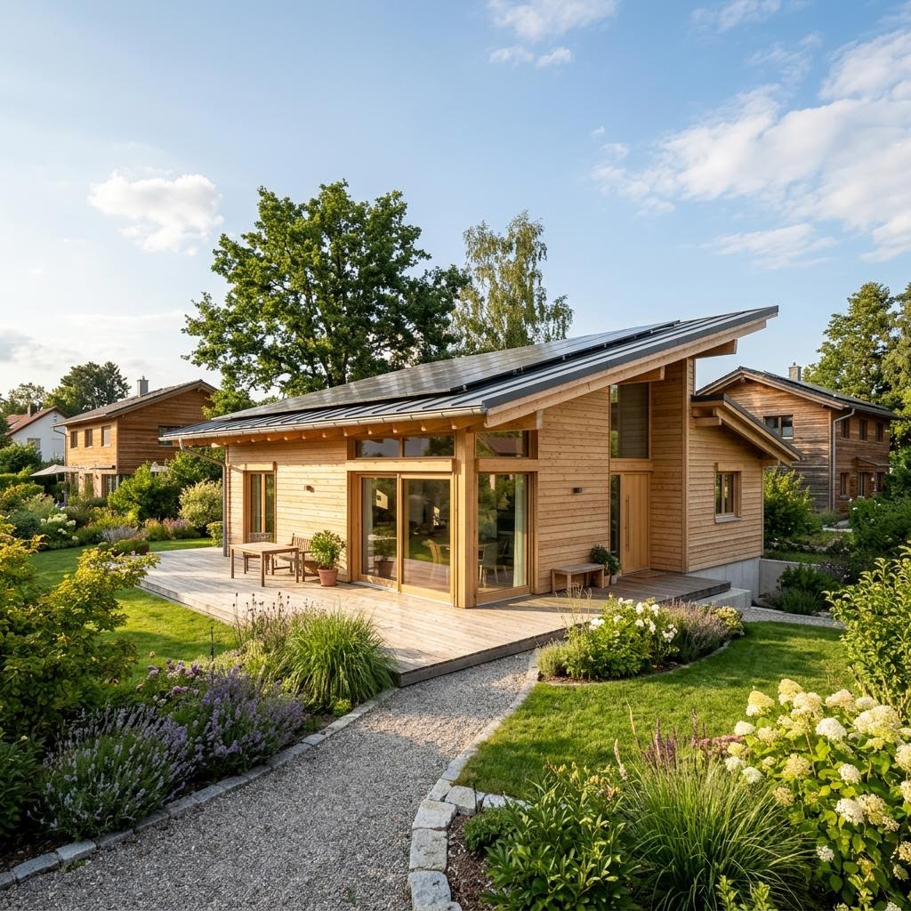 Ebenerdiges Holzhaus Almblick 118 des Herstellers Petershaus mit Pultdach und Massivholzwand