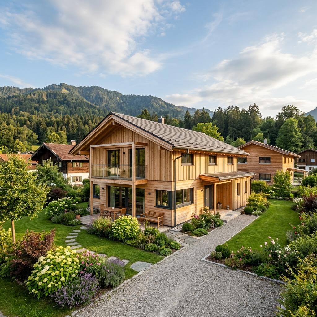 Alpenländisches Holzhaus Bergwald 142 des Herstellers Petershaus aus Weißtanne mit Satteldach