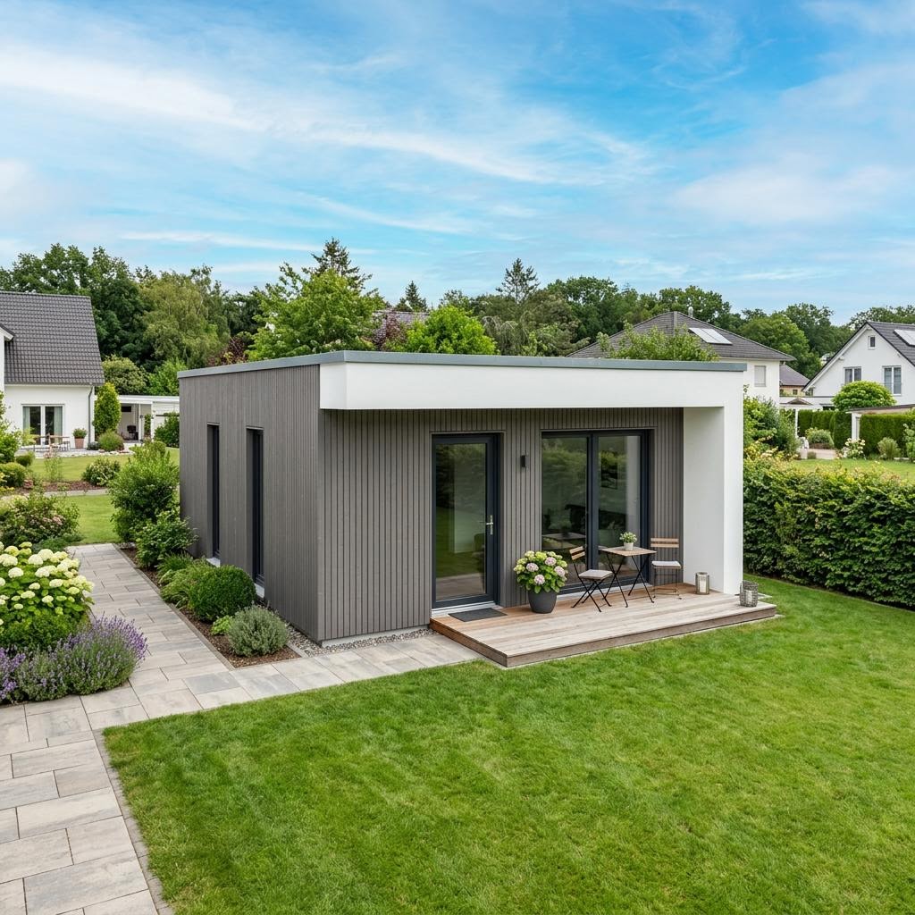 Gartenmodul 30 des Herstellers Regnauer Hausbau mit Flachdach — Fertighaus-Wohnmodul mit 30 m²