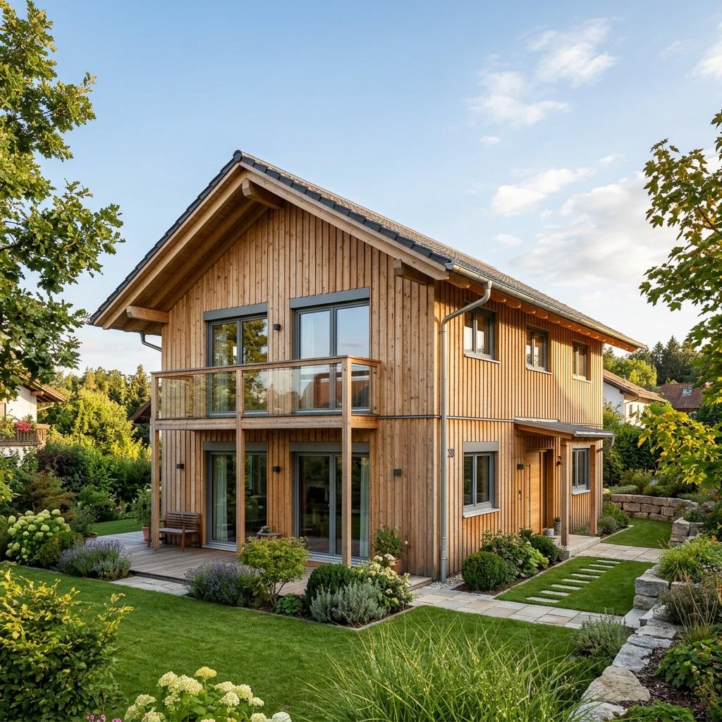 Holzhaus Ammersee 138 des Herstellers regnauer mit Satteldach und Massivholzfassade