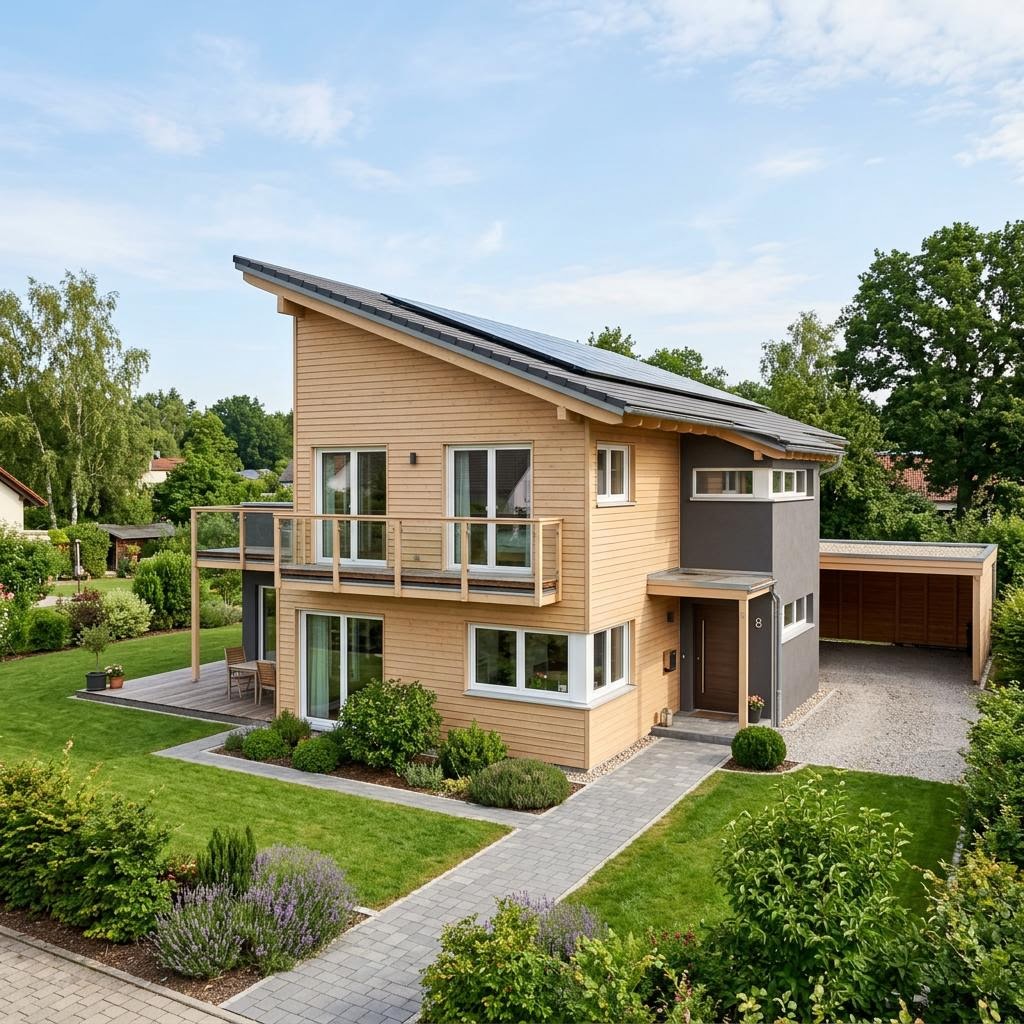 Holzhaus Inntal 128 des Herstellers Regnauer Hausbau — in Holzrahmenbauweise, rund Pultdach und 128 m²