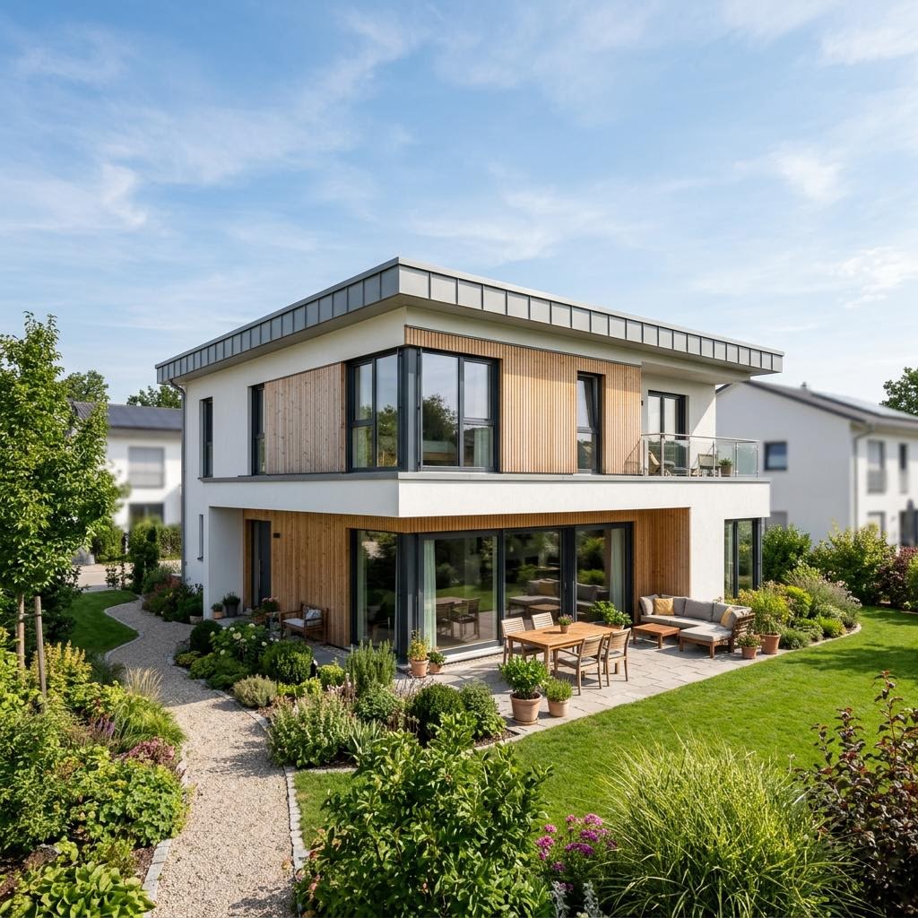 Kubushaus Cube 172 des Herstellers Regnauer Hausbau mit Flachdach — kubisches Fertighaus im Bauhausstil mit 172 m²