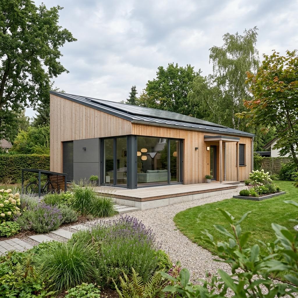 Modulhaus Natur 82 des Herstellers Regnauer — schwellenarmes Holzmodulhaus mit Pultdach und 82 m²