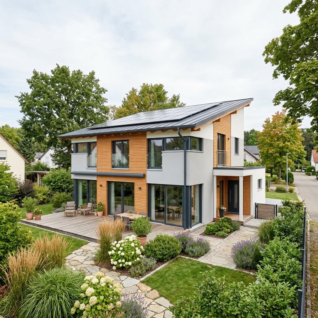 Pultdachhaus PultHolz 158 des Herstellers Regnauer mit Holzbauweise und Solardach