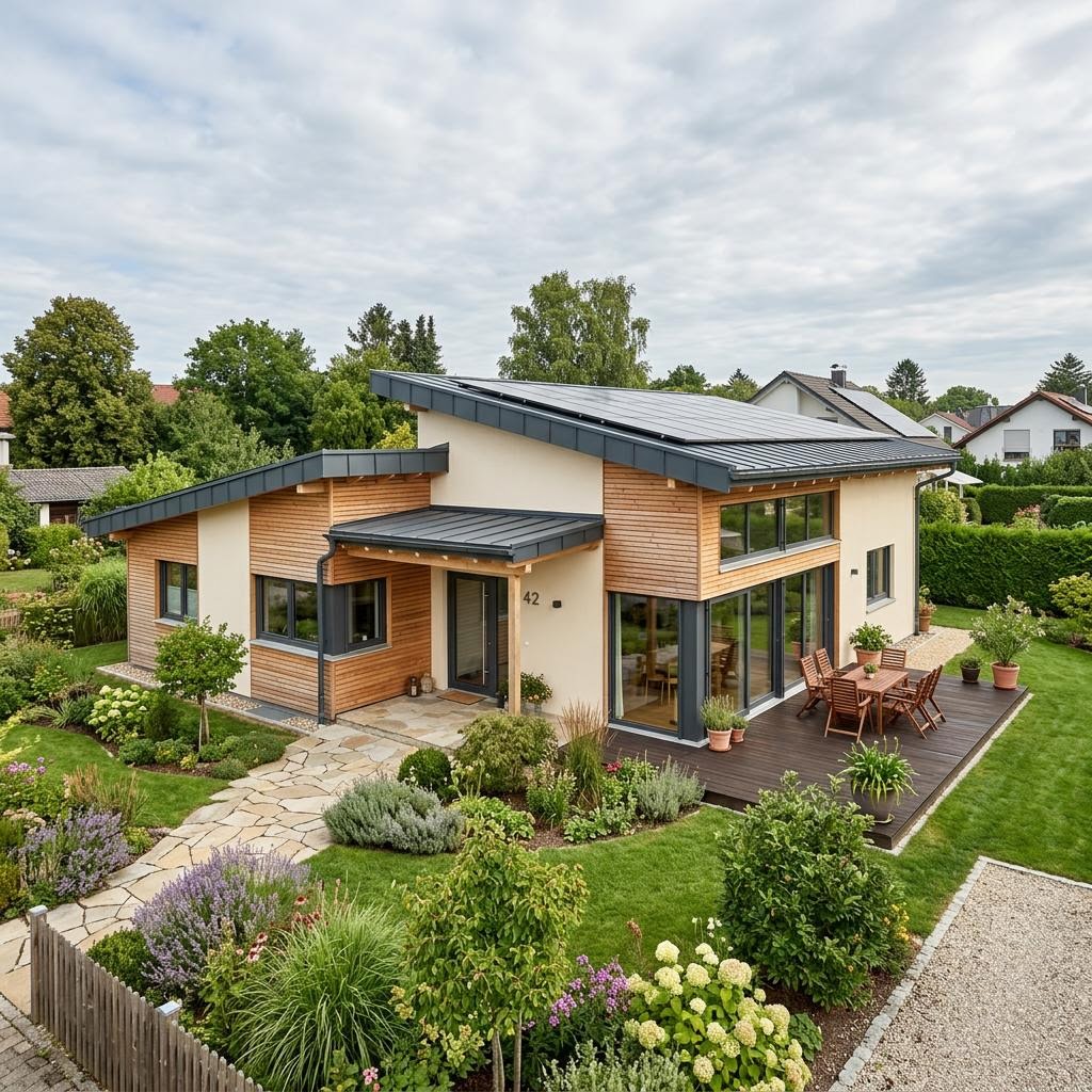 Pultdach-Bungalow PultNatur Bungalow 130 des Herstellers Regnauer mit versetztem Dach und Oberlicht