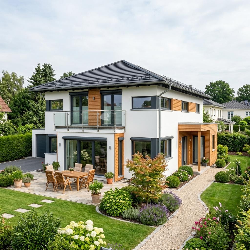 Stadtvilla Belvista 174 des Herstellers RENSCH-HAUS mit Zeltdach und umlaufendem Balkon