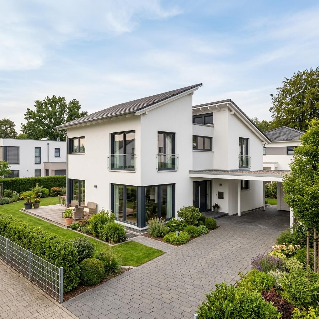 Kubushaus Clou 158 des Herstellers RENSCH-HAUS mit versetztem Pultdach — kubisches Fertighaus im Bauhausstil mit 158 m²