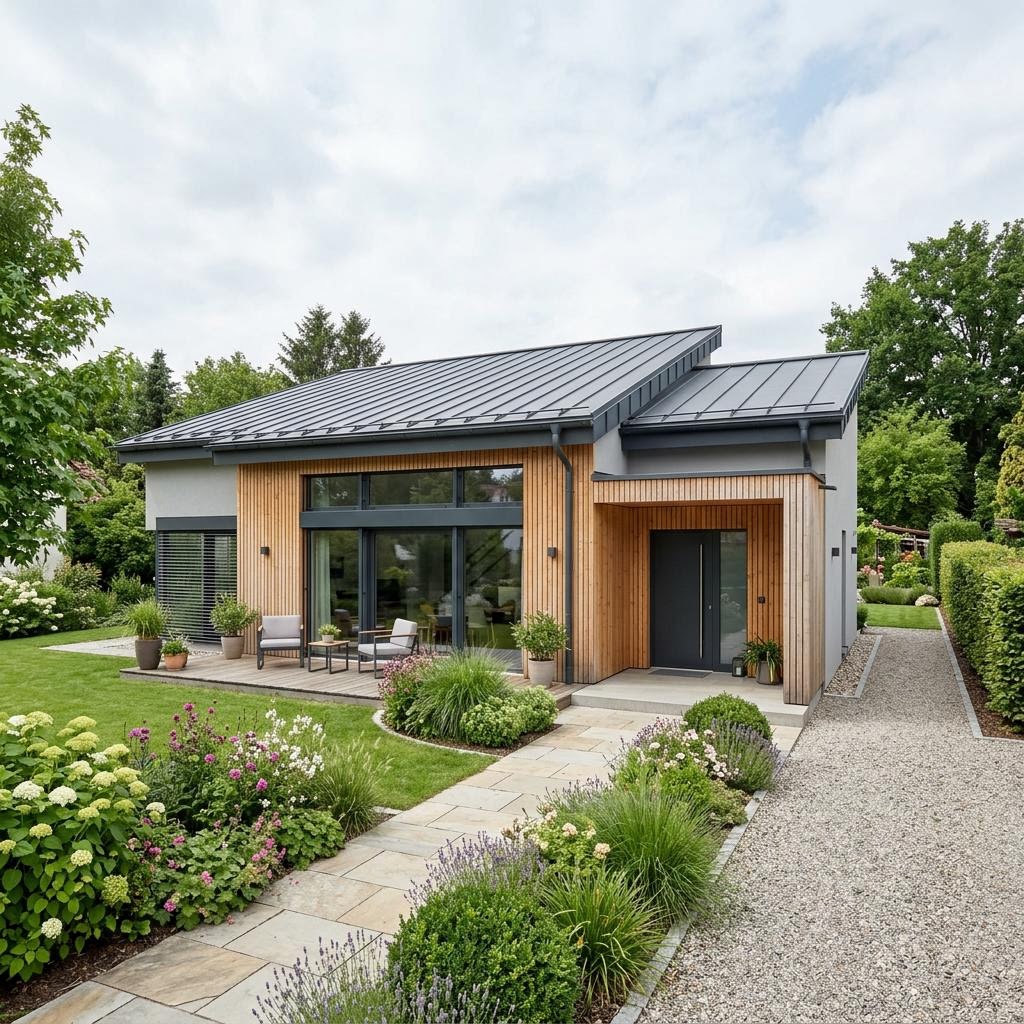 Pultdach-Bungalow Pult Bungalow 128 des Herstellers RENSCH-HAUS mit versetztem Dach und Solarfläche