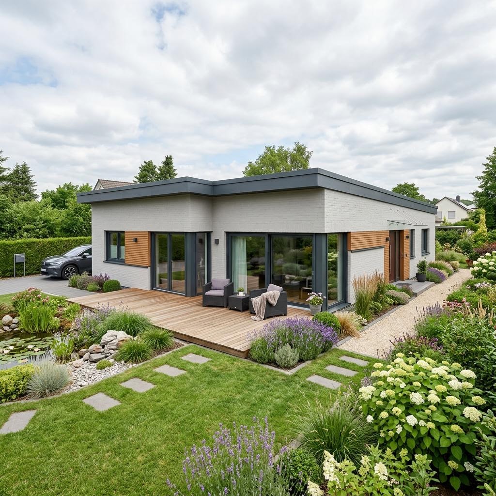 Bungalow Gartenblick 138 des Herstellers Rötzer Ziegel-Element-Haus mit Flachdach — moderner Massiv-Bungalow mit 138 m²