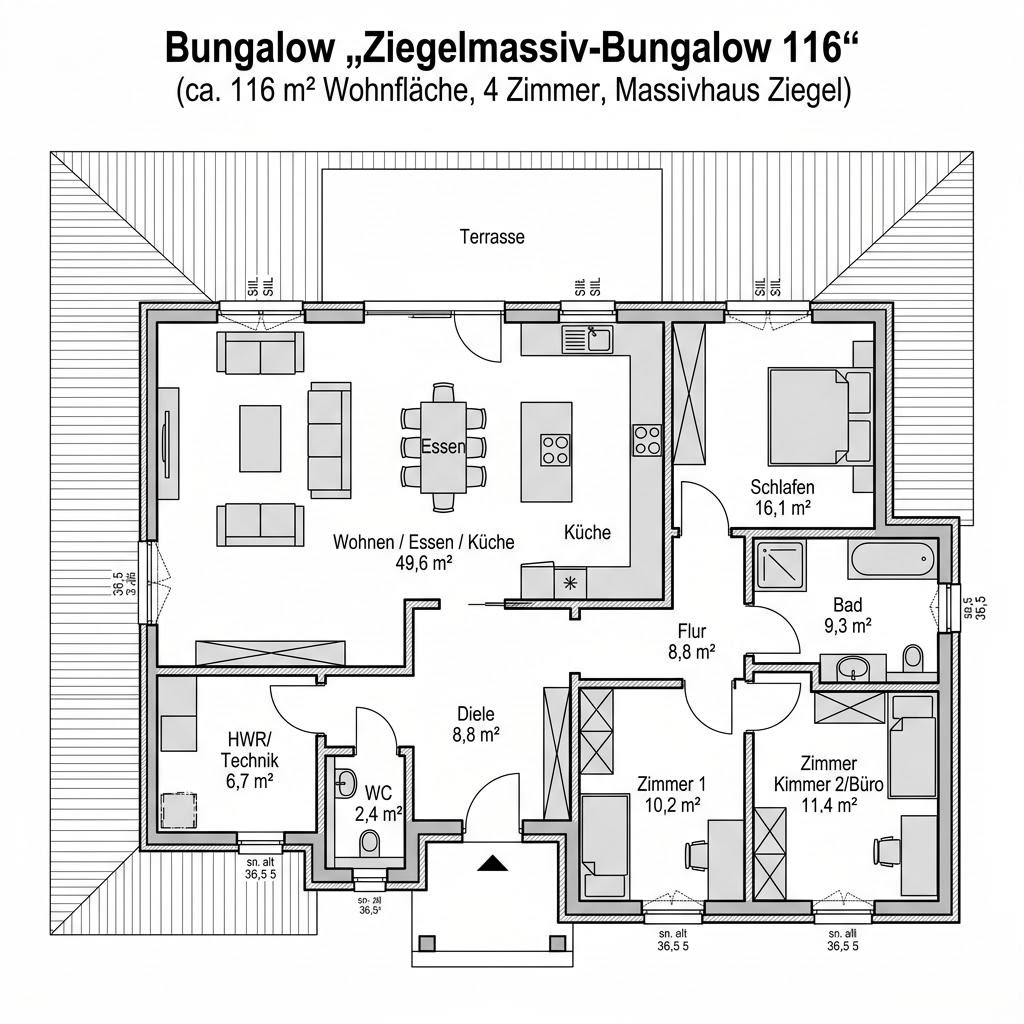 Grundriss Ziegelmassiv-Bungalow 116 von Rötzer Ziegel-Element-Haus — 116 m², 4 Zimmer