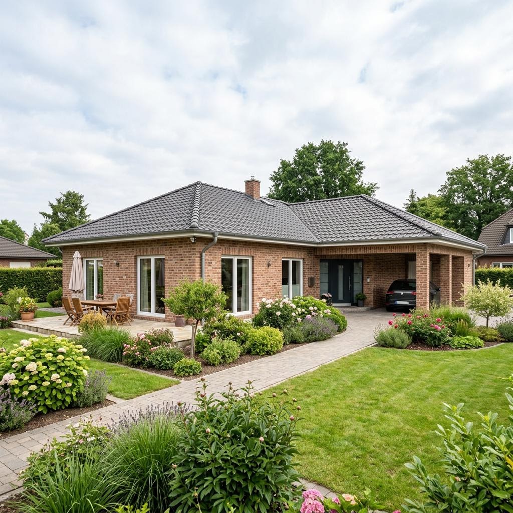 Ziegel-Winkelbungalow 140 des Herstellers Rötzer Ziegel-Element-Haus mit Walmdach — massiv errichteter Winkelbungalow mit 140 m²