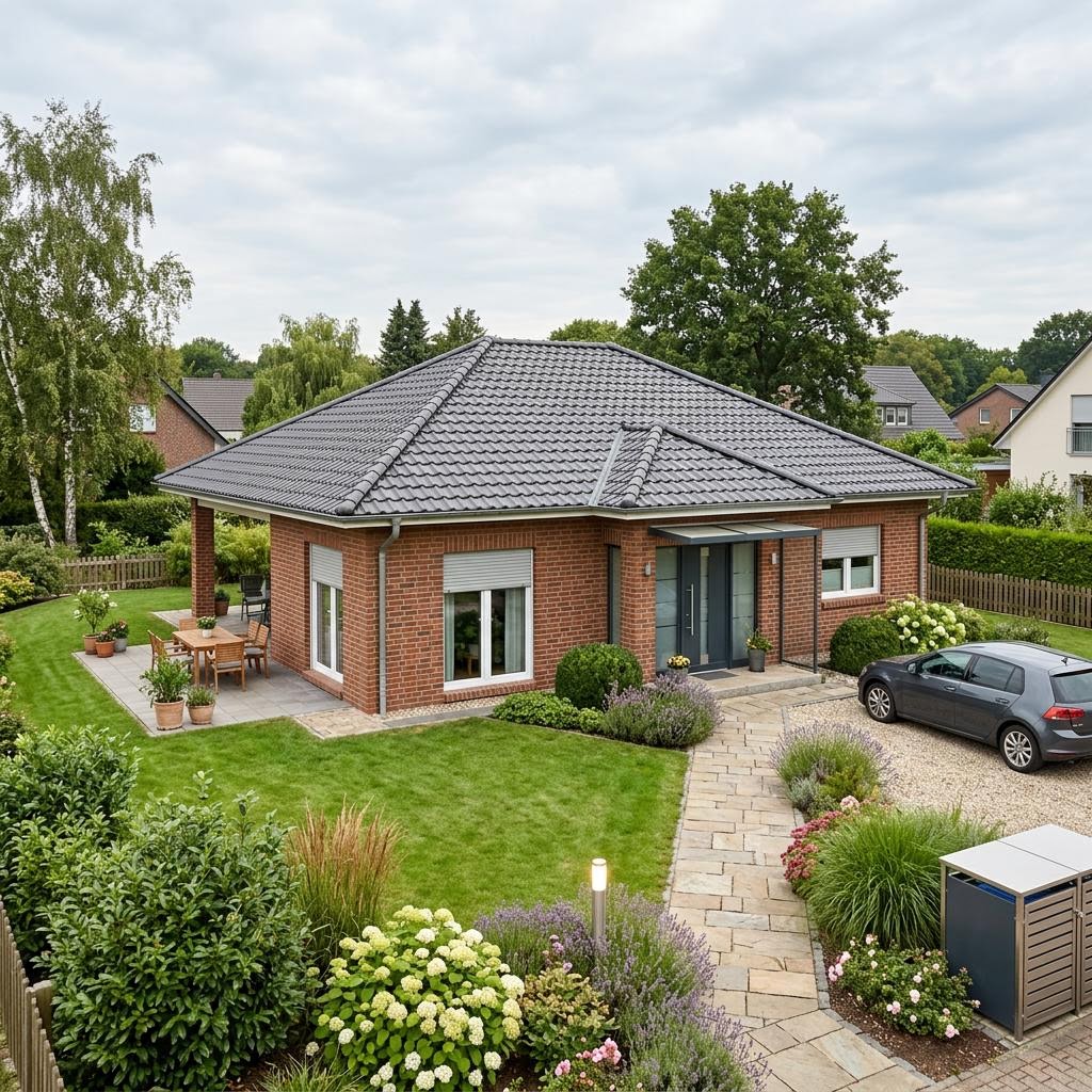 Bausatzhaus Ziegelbausatz ZB 110 Bungalow des Herstellers Rötzer Ziegel-Element-Haus mit Walmdach — Massivbungalow mit 110 m²