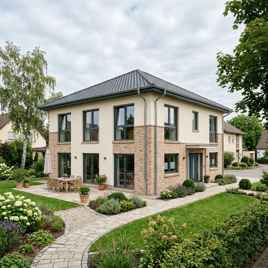 Bausatzhaus Ziegelbausatz ZB 148 Stadtvilla des Herstellers Rötzer Ziegel-Element-Haus mit Walmdach — Massivhaus mit 148 m²