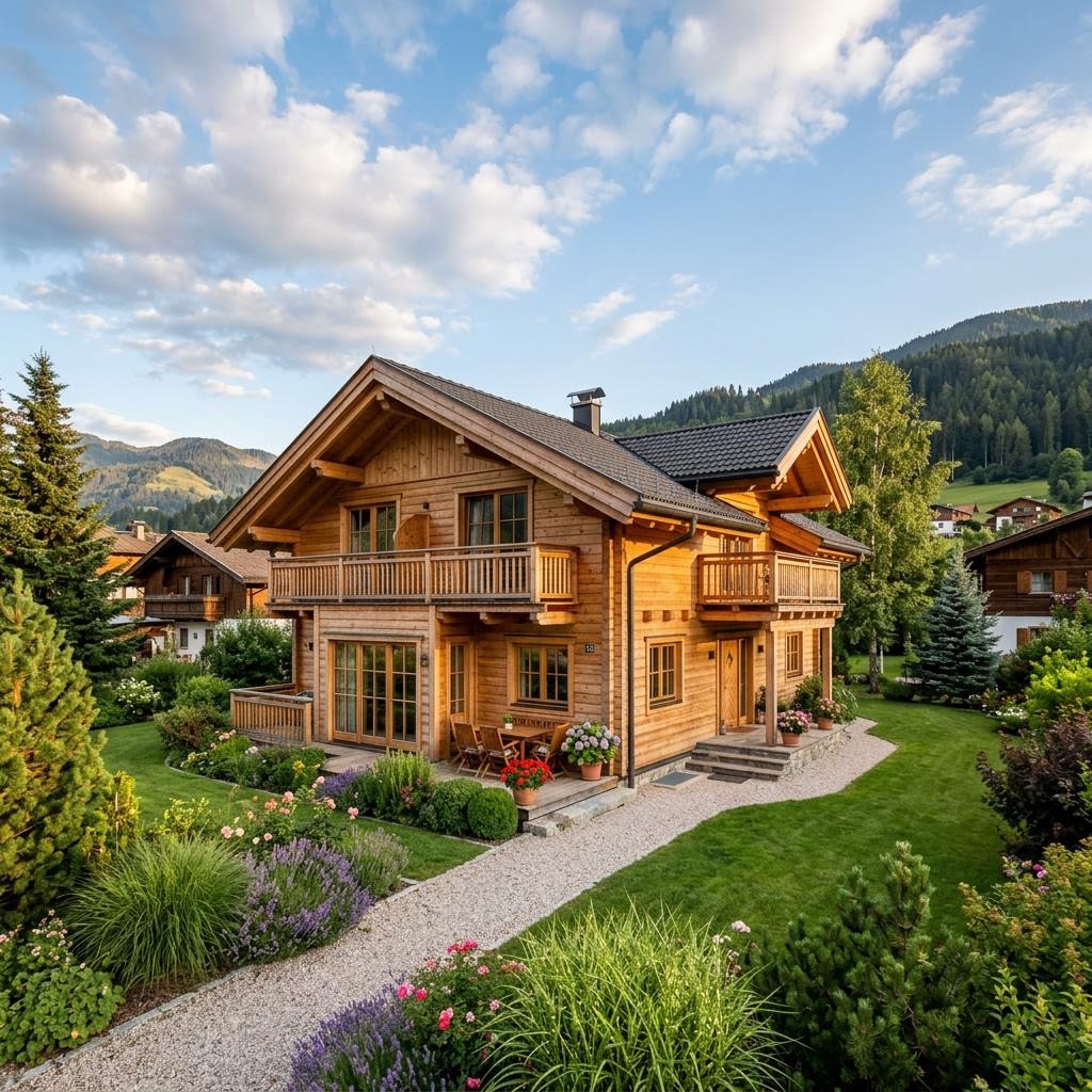 Chalet Chalet Sella des Herstellers Rubner Haus mit Satteldach und Holzfassade