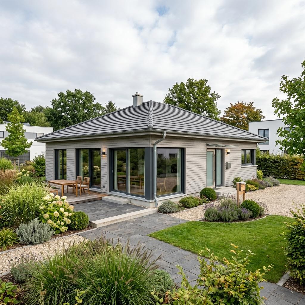 Bungalow Flachland 98 des Herstellers ScanHaus Marlow mit Walmdach — ebenerdiges Fertighaus mit 98 m²