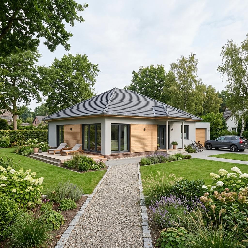 Bungalow Küstenwind 118 des Herstellers ScanHaus Marlow mit Zeltdach — schlüsselfertiges Fertighausmodell mit rund 118 m²