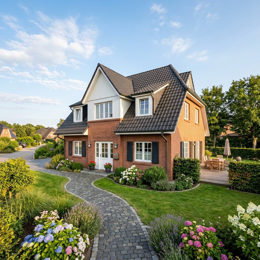 Friesenhaus Deichhof des Herstellers ScanHaus Marlow mit rotem Klinker und Krüppelwalmdach