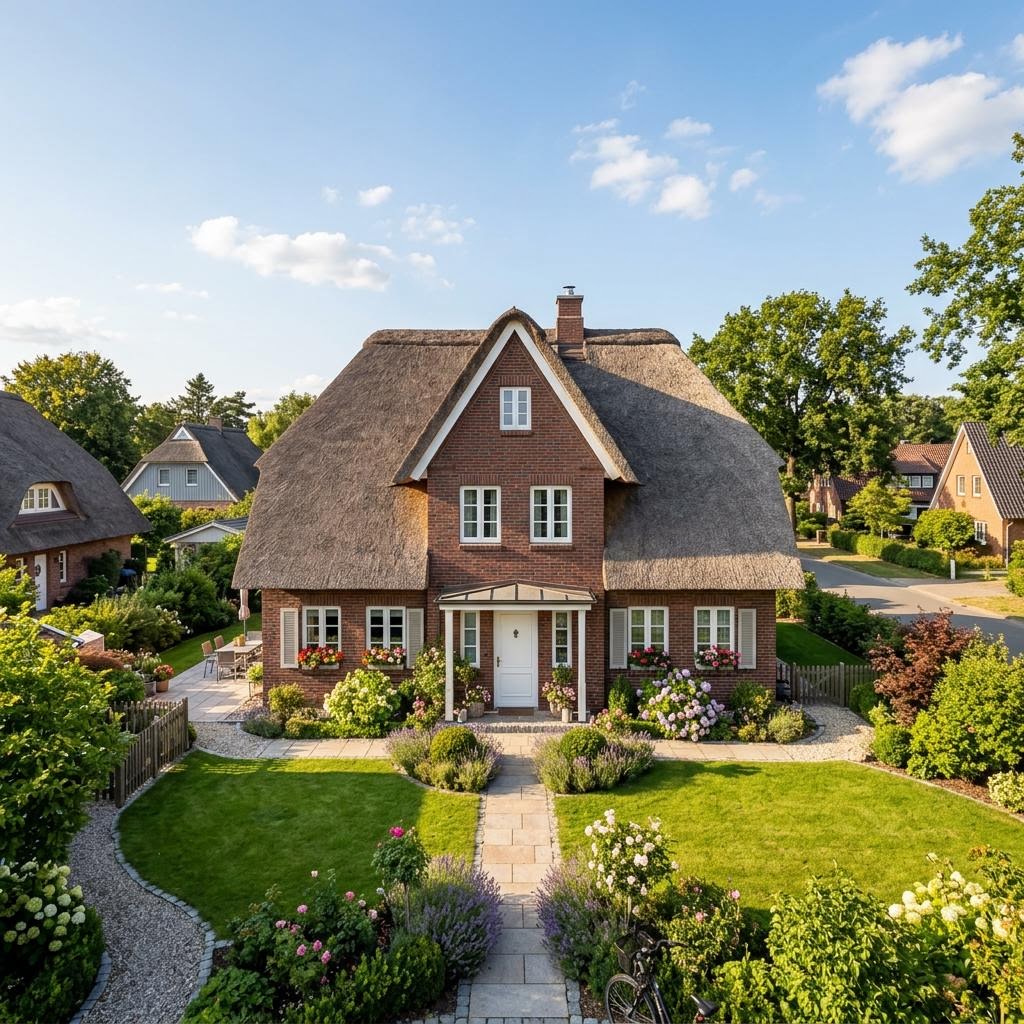 Friesenhaus Friesengiebel des Herstellers ScanHaus Marlow mit Reetdach-Optik und Backstein