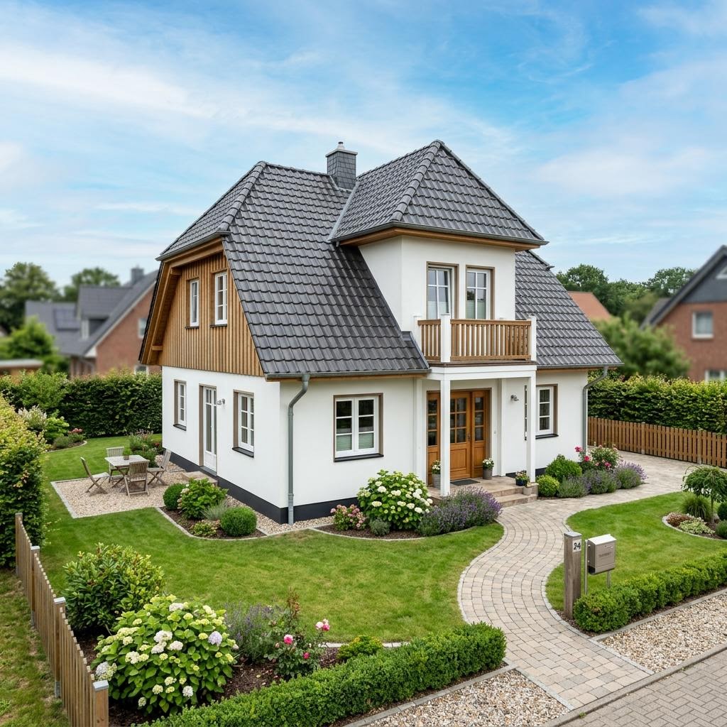 Kapitänshaus Fehmarn 120 des Herstellers ScanHaus Marlow mit Krüppelwalmdach und weißer Putzfassade — 120 m²