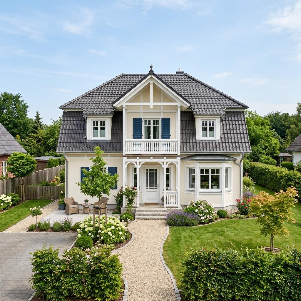 Kapitänshaus Warnemünde 132 des Herstellers ScanHaus Marlow mit Krüppelwalmdach und Kapitänsgiebel — 132 m²
