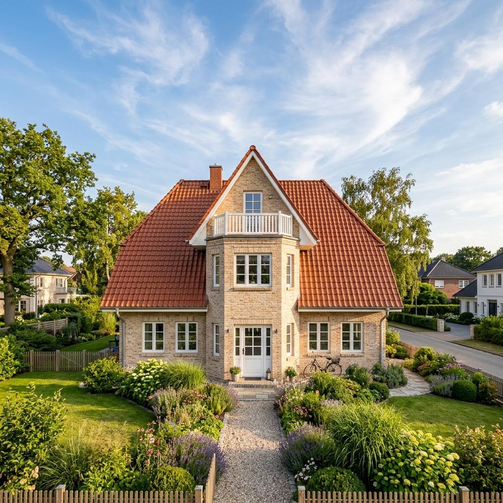 Friesenhaus Küstenkate des Herstellers ScanHaus Marlow mit hellem Klinker und Sprossenfenstern