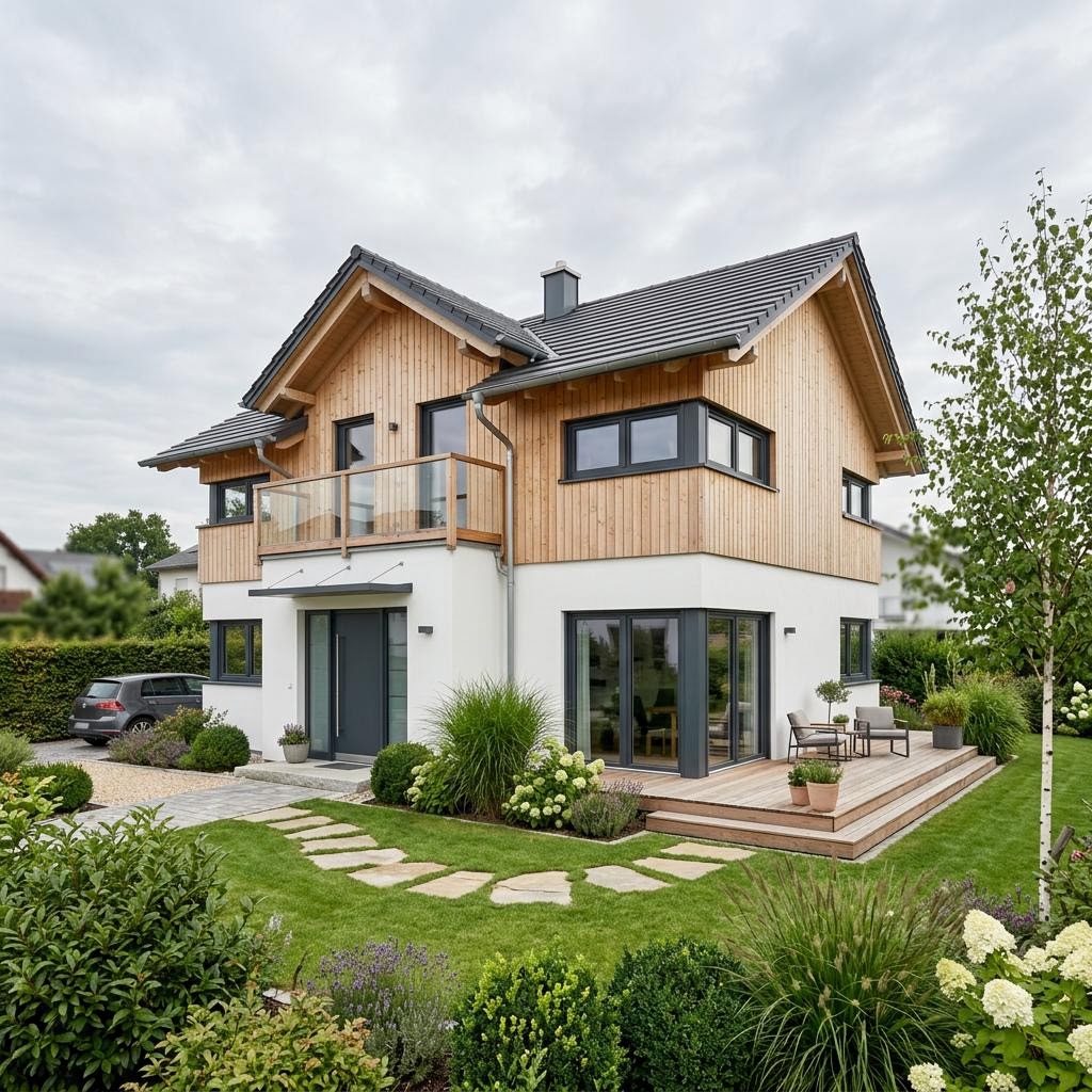 Einfamilienhaus SH 142 E des Herstellers ScanHaus Marlow als Fertighaus mit Satteldach