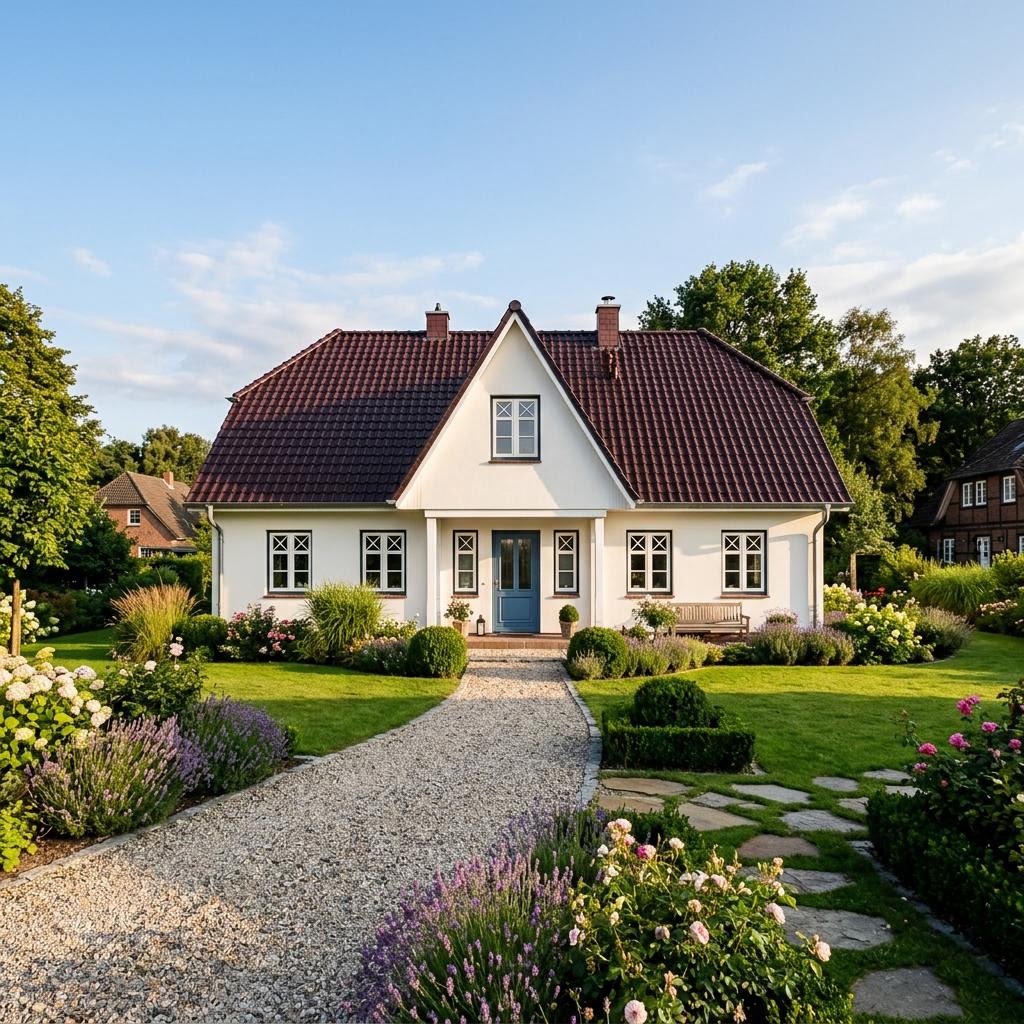 Friesenhaus Salzwiese des Herstellers ScanHaus Marlow mit weißer Putzfassade und Sprossenfenstern