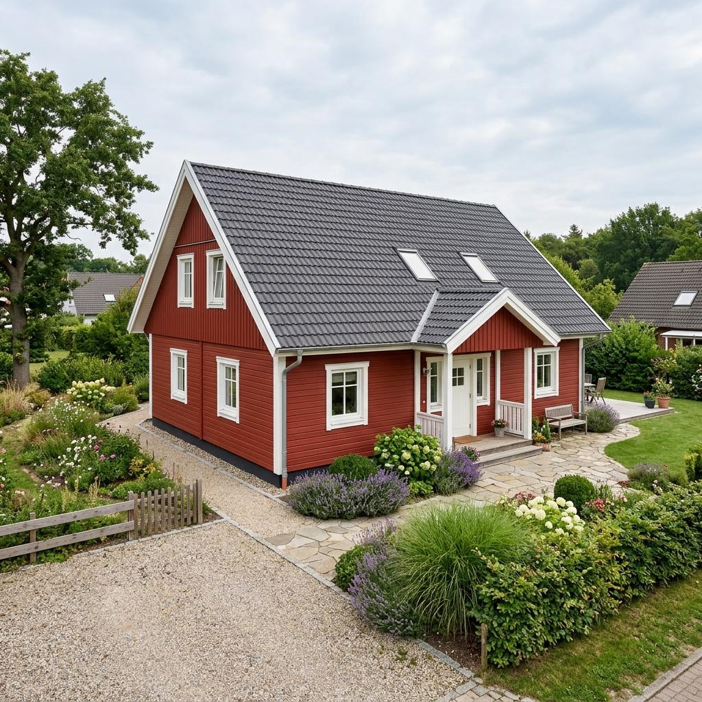 Schwedenhaus SH 138 R des Herstellers ScanHaus Marlow als ebenerdiger Bungalow mit roter Holzfassade