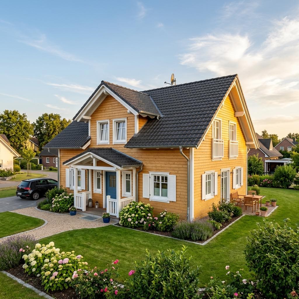 Norddeutsches Schwedenhaus SH 145 N des Herstellers scanhaus mit heller Holzfassade und Satteldach