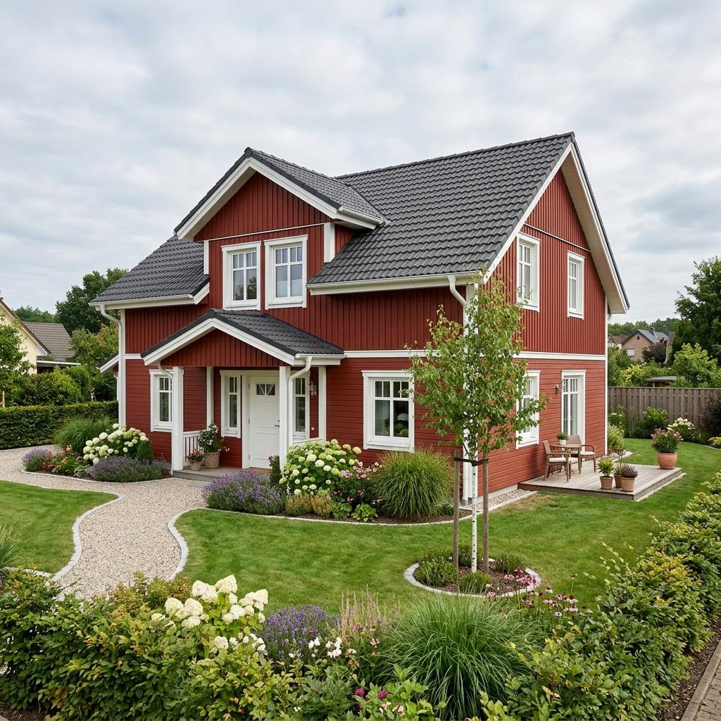 Schwedenhaus SH 152 W des Herstellers ScanHaus Marlow mit roter Holzfassade und Satteldach